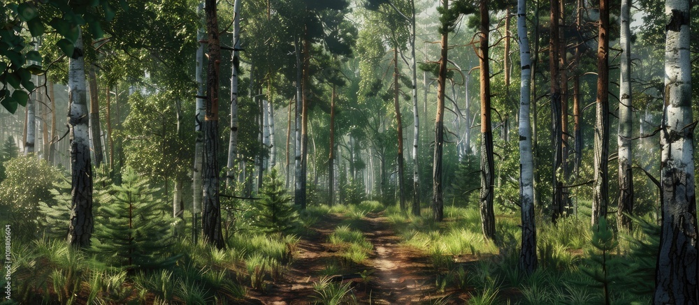 Fototapeta premium Summer Pine Birch Forest