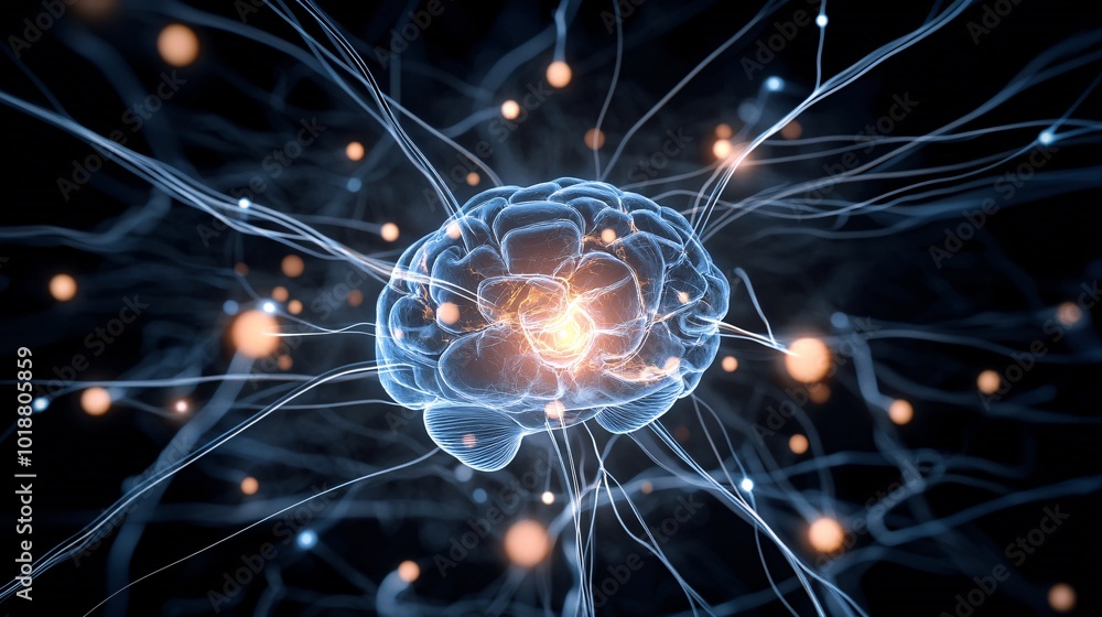 Glowing Brain Surrounded by Neural Pathways