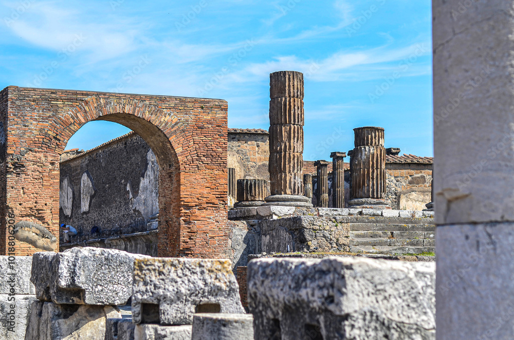 Ruins of Pompeii, Naples. Ruined columns. Ancient Roman city