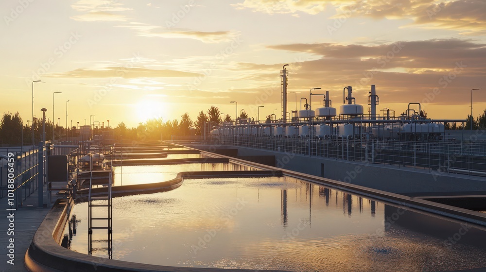 A modern water treatment plant at sunset, showcasing gleaming tanks and pipes with clean technology, highlighting advancements in environmental management. A modern water treatment plant at sunset, showcasing gleaming tanks and pipes with clean technology, highlighting advancements in environmental management.