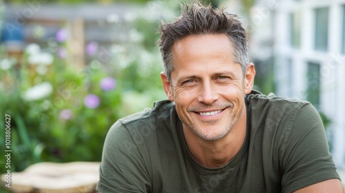 Smiling middle aged man wearing a military green T-shirt in cottage garden. Army veteran portrait