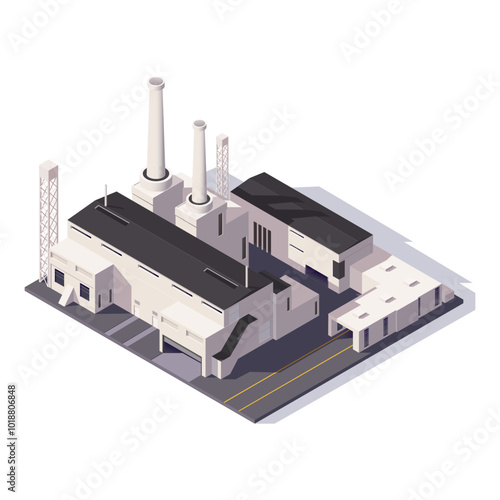 An industrial factory depicted in isometric style on a white background. Vector illustration