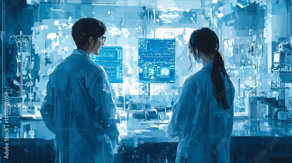 Obraz premium Medical professionals analyzing data in modern hospital laboratory