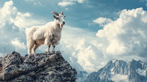 A mountain goat perched on a rocky peak, representing the ultimate achievement and greatness, with a majestic and inspiring presence. photo