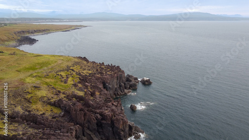 Aerial view The Yankito lava plateau on the Pacific coast of Kuril Islands,Iturup,Russia. photo