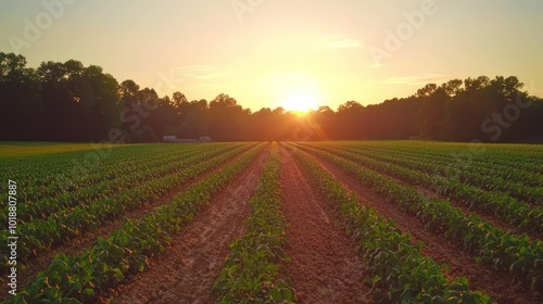 A peanut plantation at sunset, with rows of peanut plants extending to the horizon, capturing the serene and expansive nature of the farm.