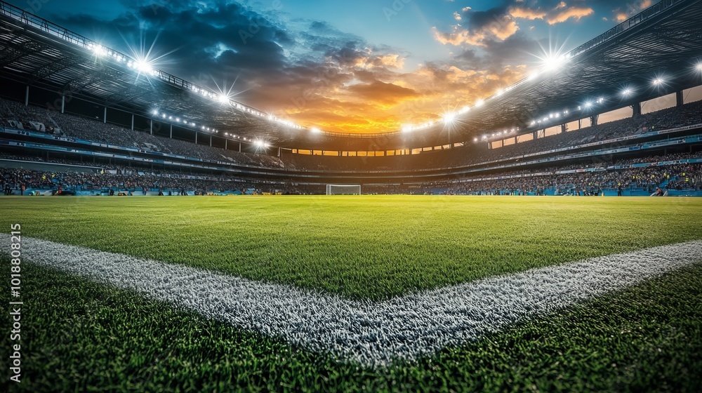 Well-lit soccer stadium readied for evening match. Professional sports background for advertisements. Well-lit soccer stadium readied for evening match. Professional sports background for advertisements.