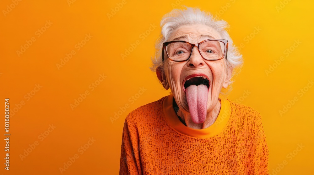 A playful elderly woman with glasses sticking out her tongue in front of a vibrant orange background, radiating a sense of fun and whimsy. A playful elderly woman with glasses sticking out her tongue in front of a vibrant orange background, radiating a sense of fun and whimsy.