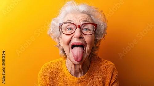 A playful elderly woman with glasses sticking out her tongue in front of a vibrant orange background, radiating a sense of fun and whimsy.