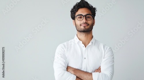A poised young Indian entrepreneur in smart casual clothing, standing confidently against a minimalist white backdrop.