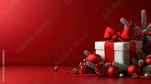 A festive holiday scene featuring a beautifully wrapped gift with red decorations against a rich red backdrop. photo