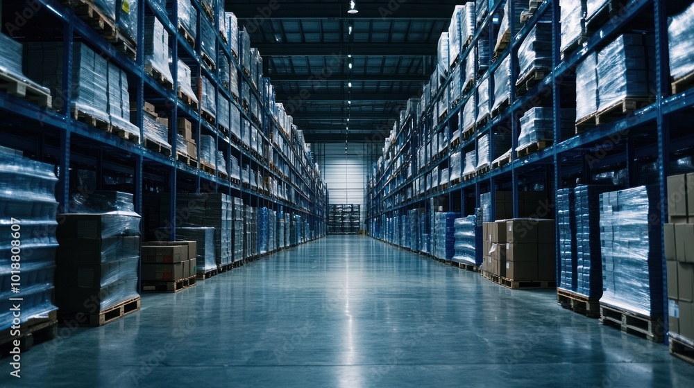 A spacious warehouse filled with stacked pallets and shelves, designed for storage and logistics. A spacious warehouse filled with stacked pallets and shelves, designed for storage and logistics.