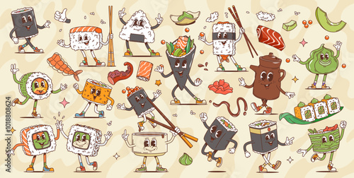 Cartoon retro groovy japanese sushi and roll characters, vector asian food. Nigiri maki, gunkan, hosomaki, uramaki and temaki sushi with rice and seafood, salmon rolls, sashimi and wasabi personages
