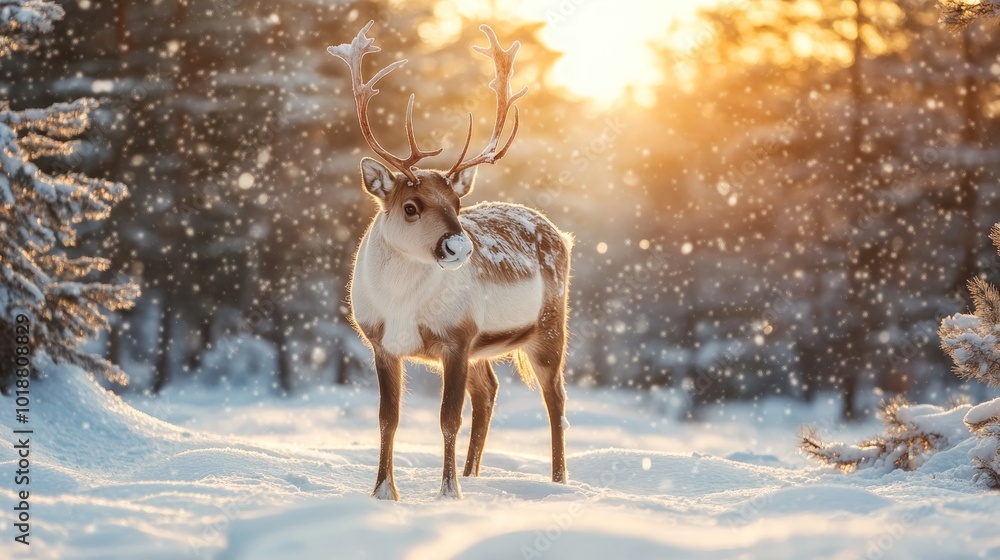 A reindeer stands in a snowy forest with the sun shining through the trees. A reindeer stands in a snowy forest with the sun shining through the trees.