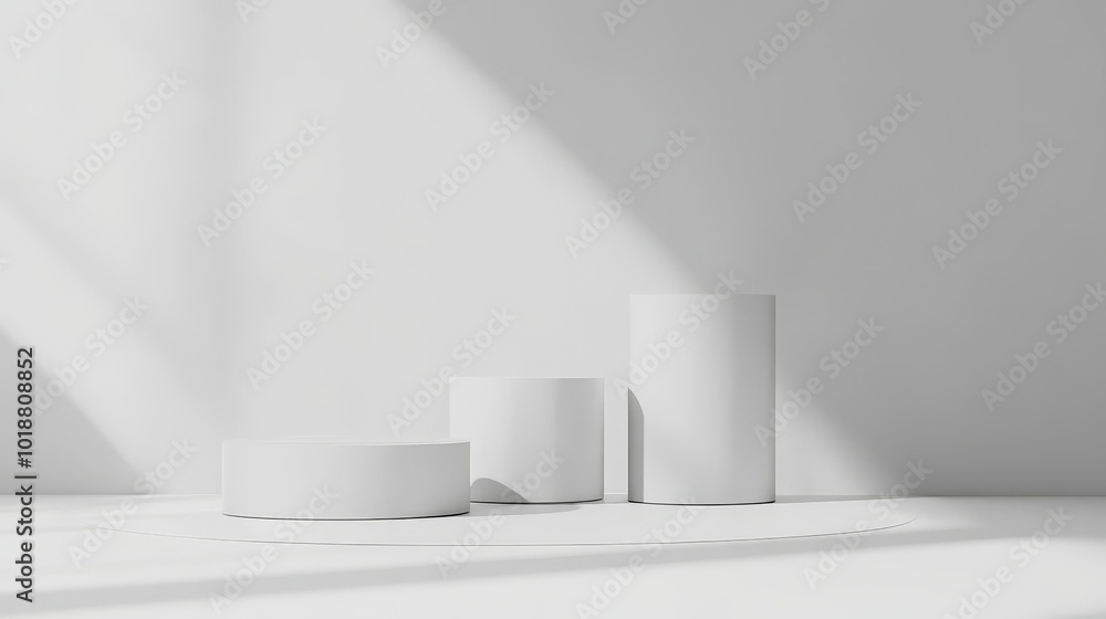 White cylindrical and cube podiums with a clean wall backdrop. Minimalistic scene for product presentations or abstract displays. Stage-like showcase featuring geometric platforms. White cylindrical and cube podiums with a clean wall backdrop. Minimalistic scene for product presentations or abstract displays. Stage-like showcase featuring geometric platforms.