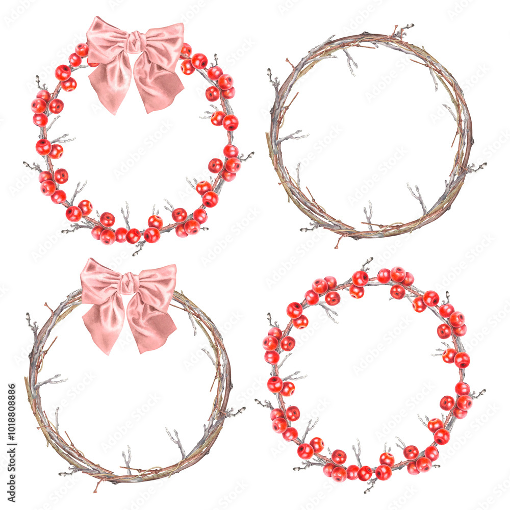 custom made wallpaper toronto digitalWatercolor wreaths with dry bare branches, holly berries, pink bow. Hand drawn set of chaplet on an isolated background. Round botanical frames drawing for printing design, greeting cards, invitations
