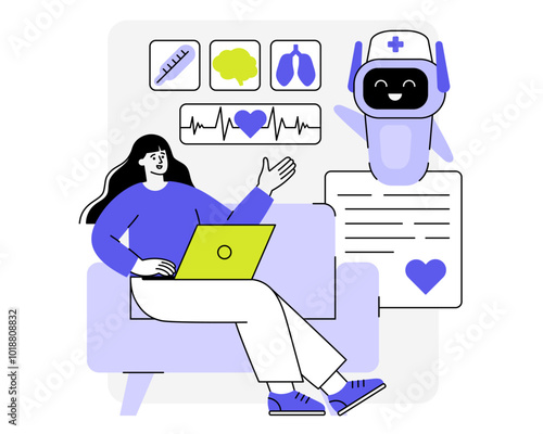 Virtual health assistant helps a woman flat vector illustration. Cute medical robot shows health-related icons. Artificial intelligence in medicine concept