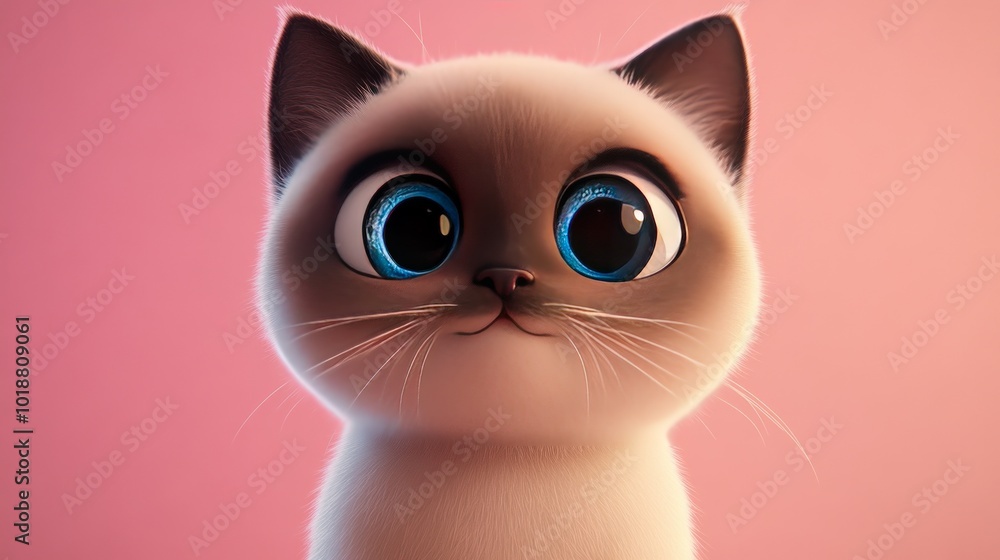A cute, cartoon-style Siamese cat with big blue eyes and a fluffy white body. A cute, cartoon-style Siamese cat with big blue eyes and a fluffy white body.