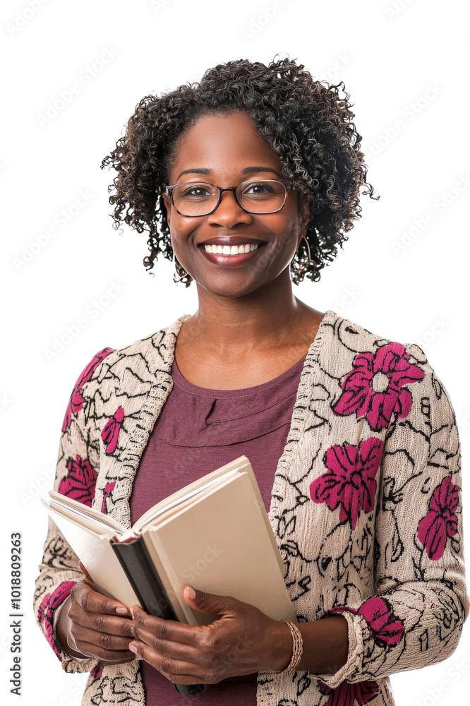 A smiling African-American female teacher in her 40s, holding a book, isolated on transparent background, PNG file A smiling African-American female teacher in her 40s, holding a book, isolated on transparent background, PNG file