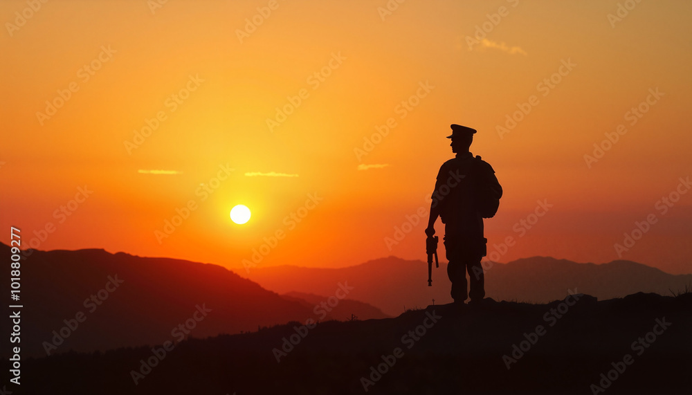Soldier silhouette standing strong against a breathtaking sunset backdrop Soldier silhouette standing strong against a breathtaking sunset backdrop