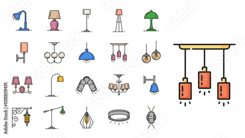 Lamp color line icons. Halogen and flashlight, lantern and chandelier, candle and spotlight, vector outline home lighting and street lights set. Table, wall, floor stand and ceiling lamps