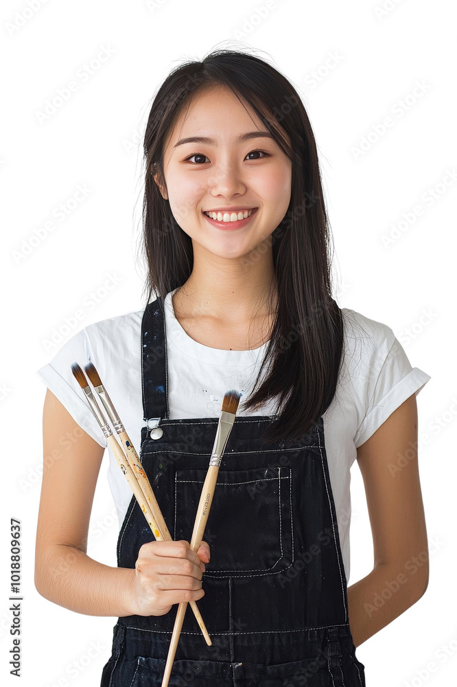 A smiling Asian female artist in her 20s, holding a paintbrush and smiling confidently, isolated on transparent background, PNG file A smiling Asian female artist in her 20s, holding a paintbrush and smiling confidently, isolated on transparent background, PNG file