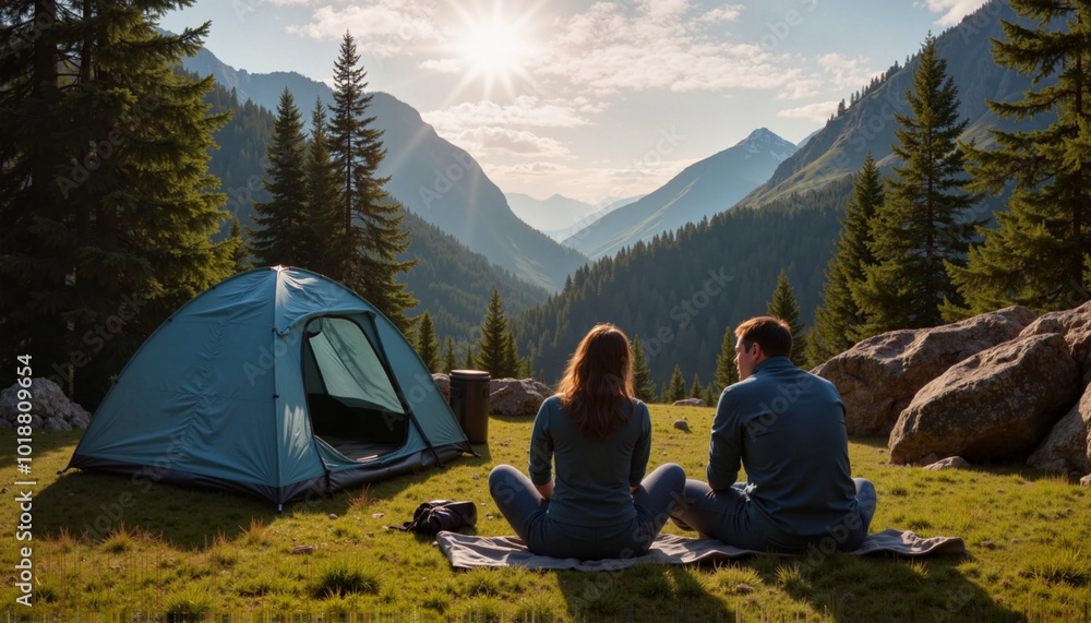 Couple relaxing by a tent in the mountains with a scenic view Couple relaxing by a tent in the mountains with a scenic view