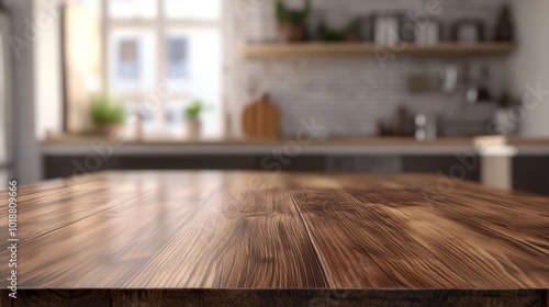 Wooden table top over blurred kitchen counter interior background, ready for product montage.