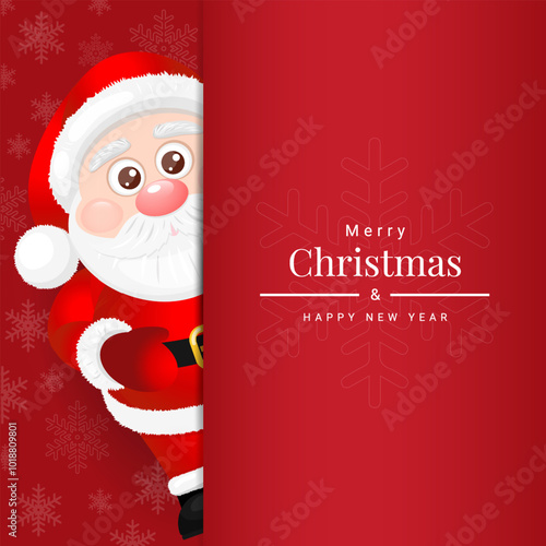Merry Christmas and Happy New Year. Card, banner template with cute santa claus on red background. Vector Illustration