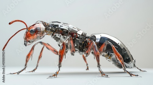 A robotic ant made of metal and glass with visible gears and wires stands on a white background. photo