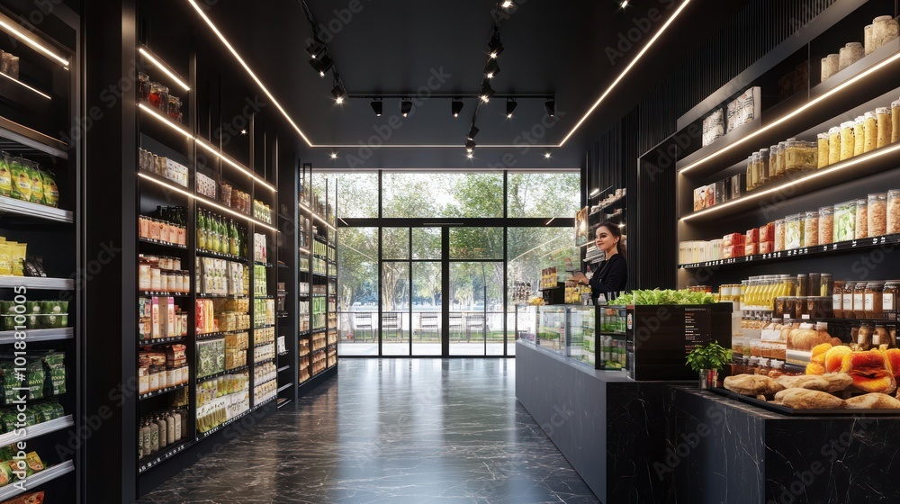 A modern grocery store interior showcasing various food items and beverages on shelves. A modern grocery store interior showcasing various food items and beverages on shelves.