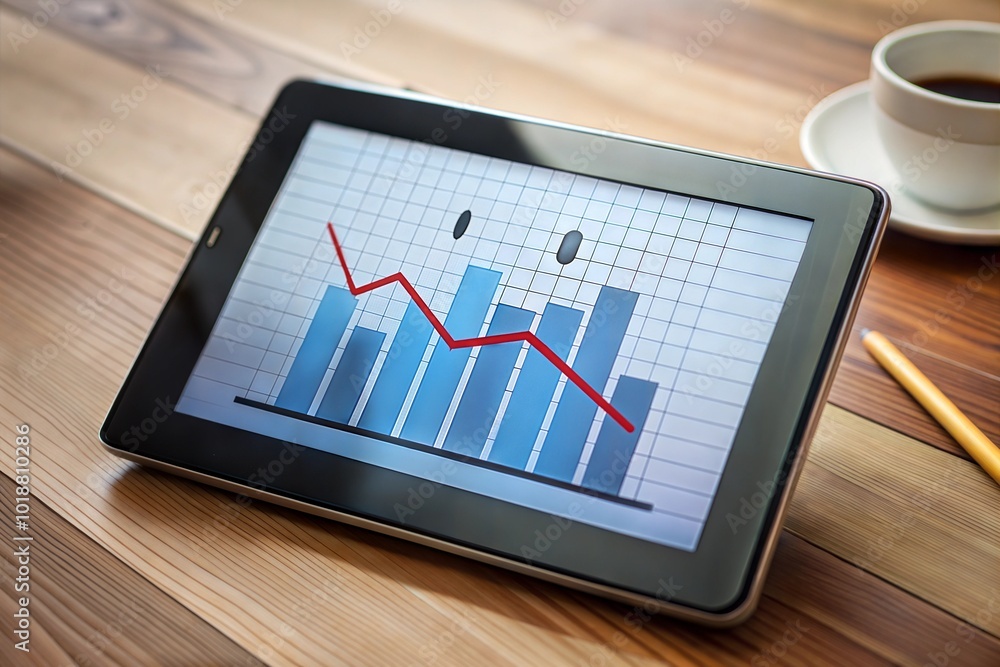 Tablet displaying downward graph analyzing business performance in recession Tablet displaying downward graph analyzing business performance in recession