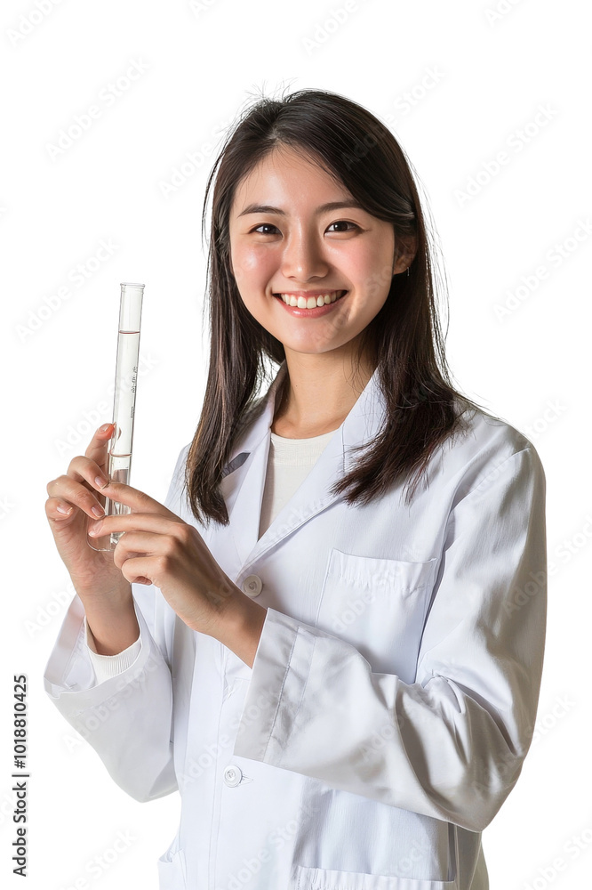 A smiling Asian female scientist in her 30s, holding a test tube and wearing a lab coat, isolated on transparent background, PNG file A smiling Asian female scientist in her 30s, holding a test tube and wearing a lab coat, isolated on transparent background, PNG file