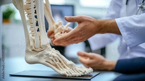 A podiatrist demonstrates an anatomical foot skeleton model to his assistant as they examine a patient's injured leg in the traumatology and orthopedics department. photo