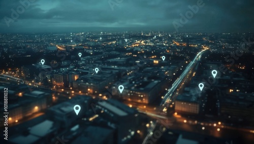 Aerial view of an urban landscape at night, with white location pins above it representing the places where you can use your mobile phone to track weather and lifestyle data Generative AI