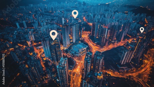 Aerial view of white pins or markers on a map over a cityscape at night, representing location-based technology and social media marketing in an urban area Generative AI