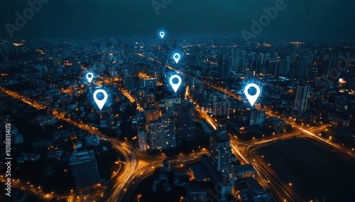 Aerial view of white pins or markers on a map over a cityscape at night, representing location-based technology and social media marketing in an urban area Generative AI