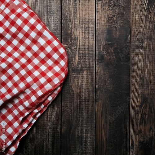 A red and white checkered cloth draped over a wooden surface, evoking a picnic or dining setting.