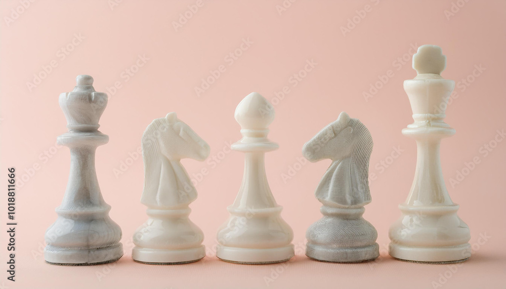 White marble stone chess pieces on light background. White marble stone chess pieces on light background.