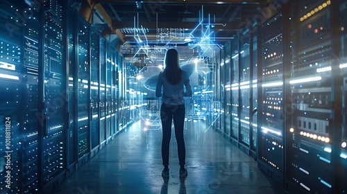 Rear view of young woman in server room looking at network hologram