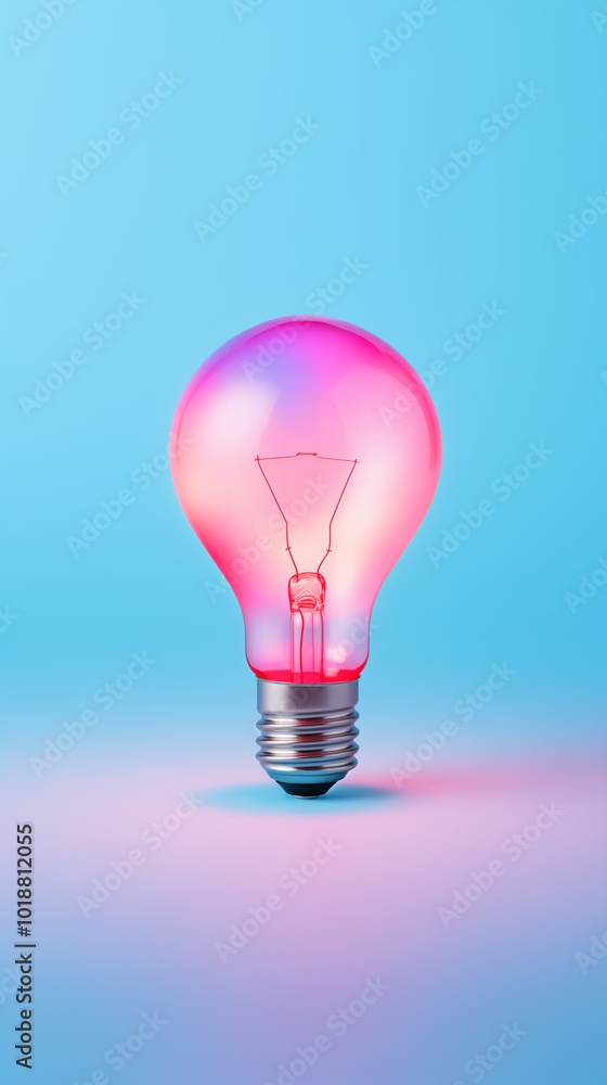 Fototapeta premium Beautiful gradient pink red light bulb. Blue background with copy space. Classic incandescent light bulb. Minimal concept of great idea, enlightenment, clarity and understanding