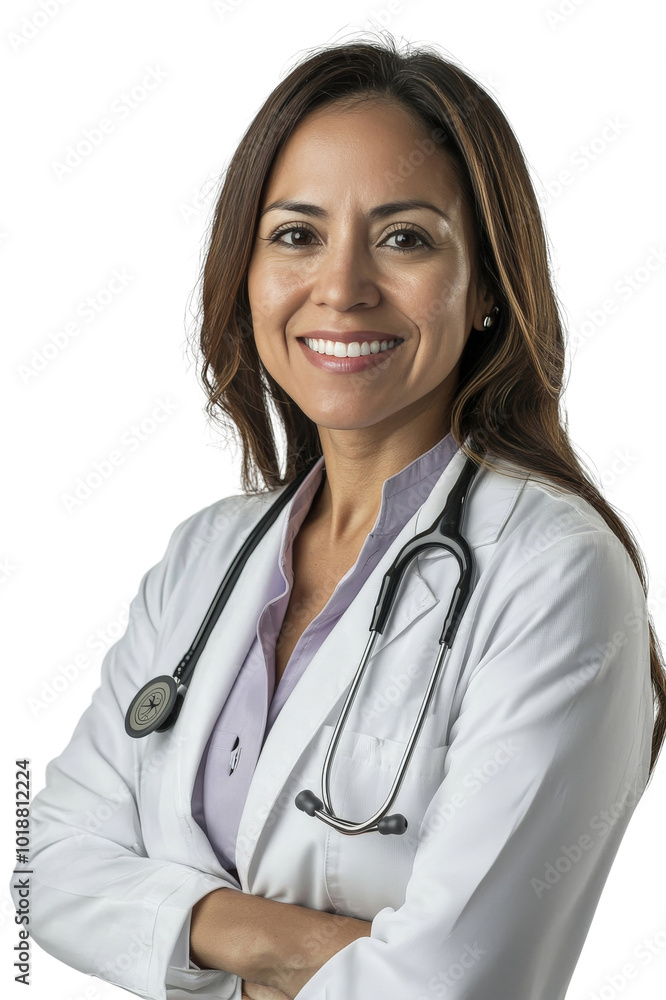 A smiling Hispanic female doctor in her 30s, wearing a white coat and stethoscope, isolated on transparent background, PNG file