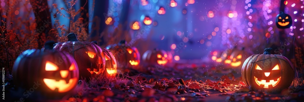 Jack-o'-lanterns glowing in a spooky forest. Jack-o'-lanterns glowing in a spooky forest.