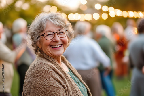 An elderly woman wearing glasses laughing with happiness at the senior party against blurred background.