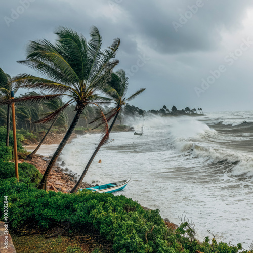 Powerful tropical storm with strong winds and coastal waves thrashing a palm-lined shoreline