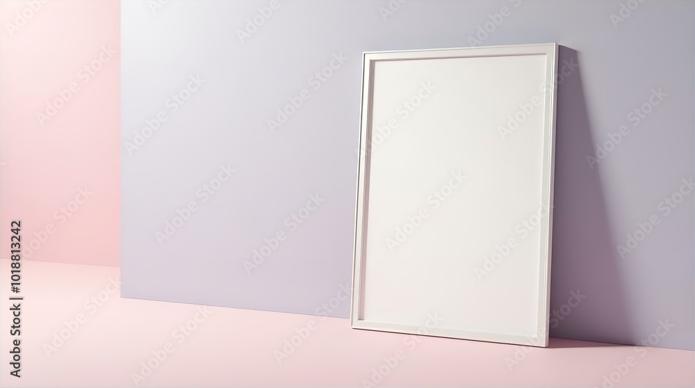 Blank white frame mockup leaning against a pastel pink and purple wall, perfect for showcasing your artwork or design. Blank white frame mockup leaning against a pastel pink and purple wall, perfect for showcasing your artwork or design.