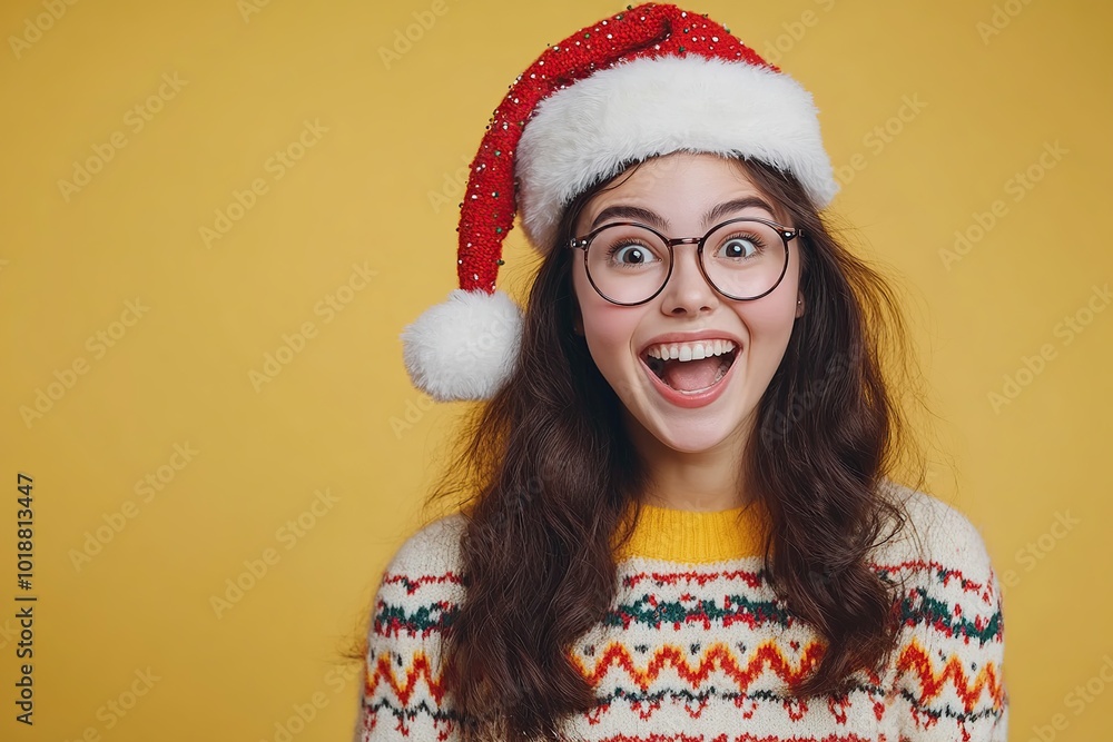 Cute young woman in knitted christmas sweater and santa hat Cute young woman in knitted christmas sweater and santa hat