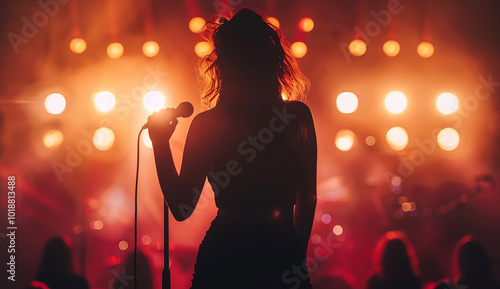 A dramatic silhouette of a female singer holding a microphone, performing on stage against bright orange and red stage lights, creating a powerful and energetic atmosphere.
