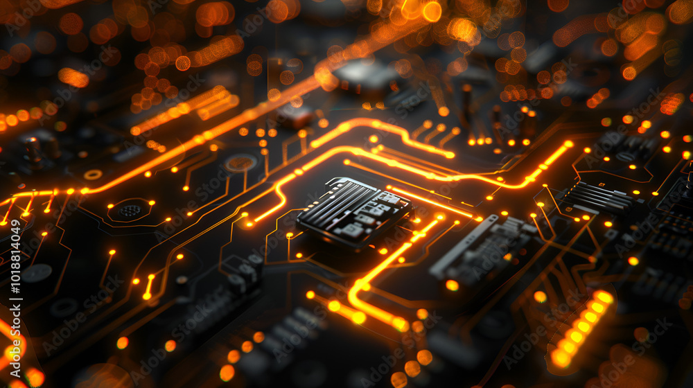 Circuit board 3D render with future technology background Circuit board 3D render with future technology background