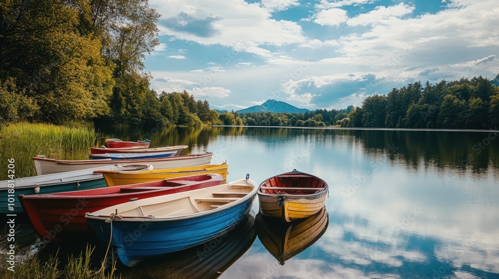 A row of colorful boats are docked at the edge of a tranquil lake with a mountain in the distance. The water is calm and reflective, and the sky is a bright blue with white clouds. A row of colorful boats are docked at the edge of a tranquil lake with a mountain in the distance. The water is calm and reflective, and the sky is a bright blue with white clouds.